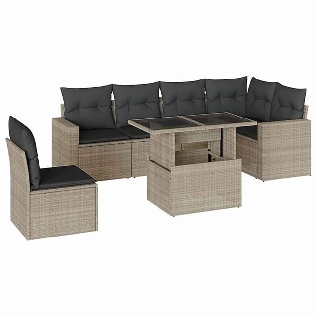 vidaXL 7-Tlg Garten-Sofagarnitur mit Kissen Hellgrau Poly Rattan 3267312