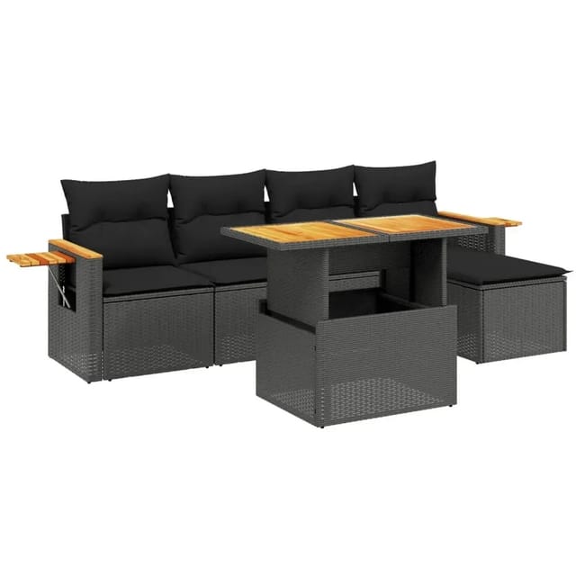 vidaXL 6-Tlg Garten-Sofagarnitur mit Kissen Schwarz Poly Rattan 3273491