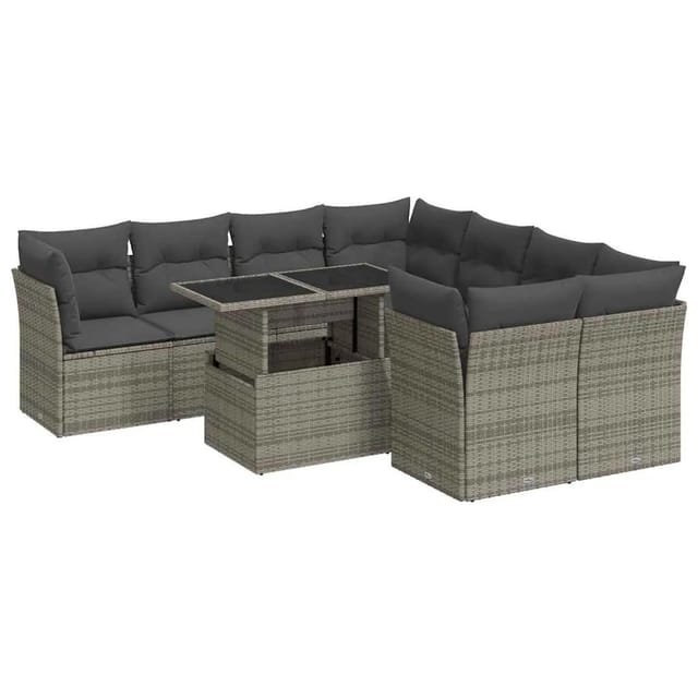 vidaXL 9-Tlg Garten-Sofagarnitur mit Kissen Grau Poly Rattan 3326131
