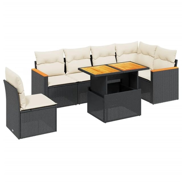 vidaXL 7-Tlg Garten-Sofagarnitur mit Kissen Schwarz Poly Rattan 3273100