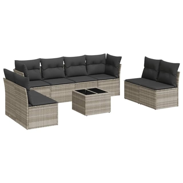vidaXL 9-Tlg Garten-Sofagarnitur mit Kissen Hellgrau Poly Rattan 3217462