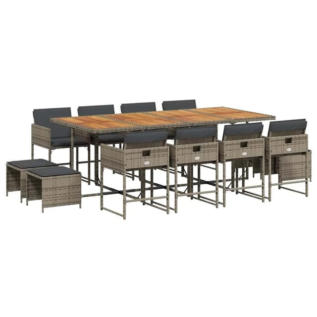 vidaXL 13-Tlg Garten-Essgruppe mit Kissen Grau Poly Rattan 3211346