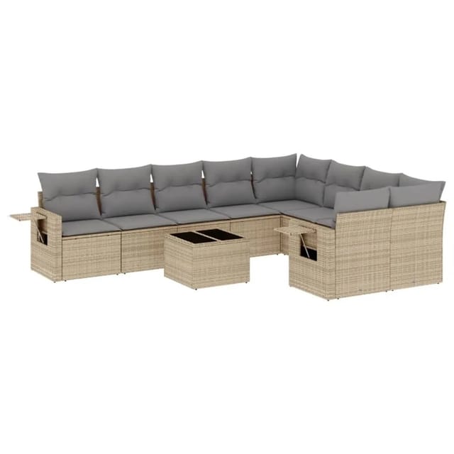 vidaXL 10-Tlg Garten-Sofagarnitur mit Kissen Beige Poly Rattan 3252986