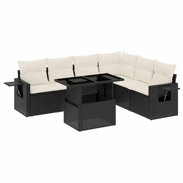 vidaXL 7-Tlg Garten-Sofagarnitur mit Kissen Schwarz Poly Rattan 3267926
