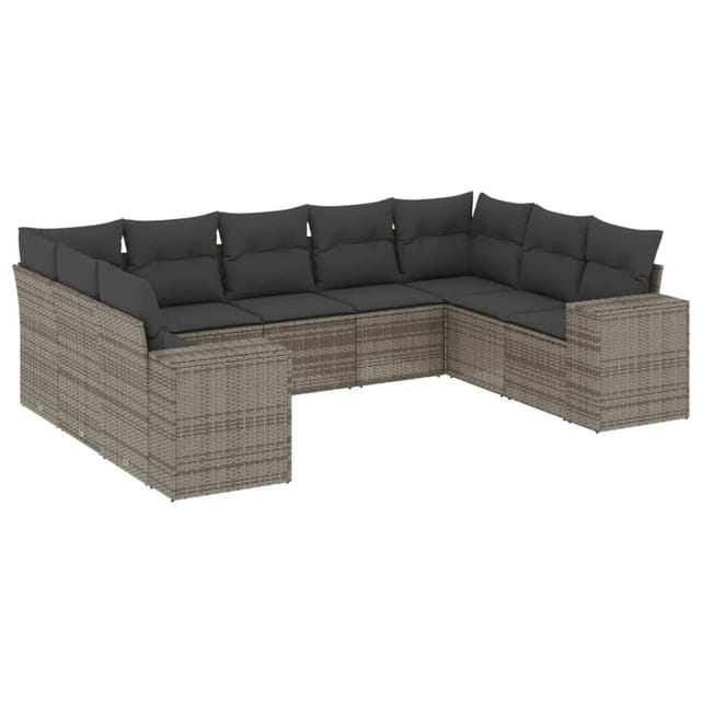 vidaXL 9-Tlg Garten-Sofagarnitur mit Kissen Grau Poly Rattan 3255337