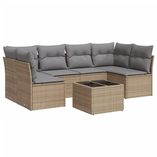 vidaXL 7-Tlg Garten-Sofagarnitur mit Kissen Beige Poly Rattan 3249238