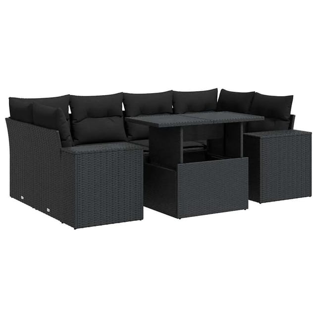 vidaXL 7-Tlg Garten-Sofagarnitur mit Kissen Schwarz Poly Rattan 3326746