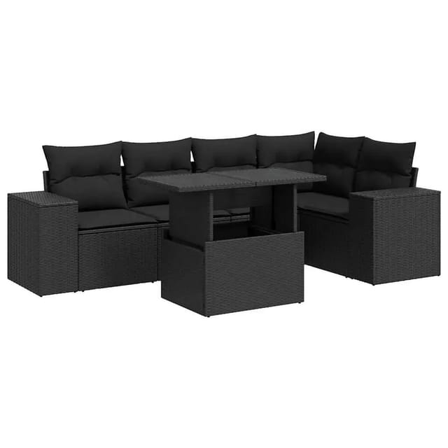vidaXL 6-Tlg Garten-Sofagarnitur mit Kissen Schwarz Poly Rattan 3326796