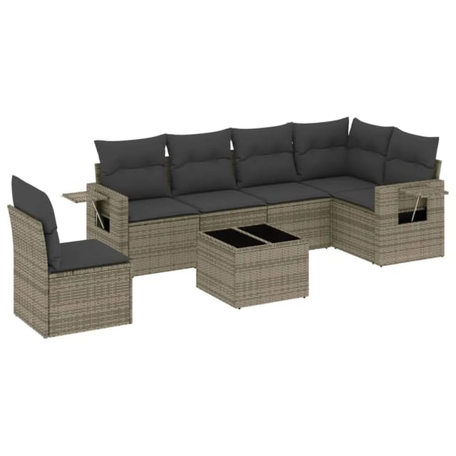 vidaXL 7-Tlg Garten-Sofagarnitur mit Kissen Grau Poly Rattan 3220239