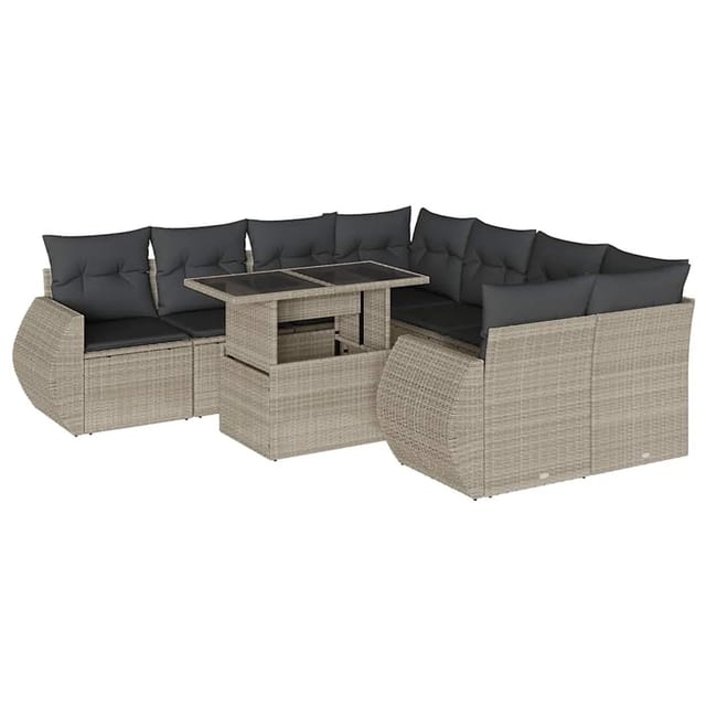 vidaXL 9-Tlg Garten-Sofagarnitur mit Kissen Hellgrau Poly Rattan 3268432
