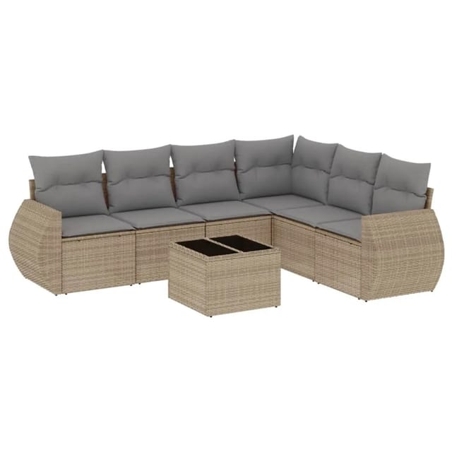 vidaXL 7-Tlg Garten-Sofagarnitur mit Kissen Beige Poly Rattan 3253756