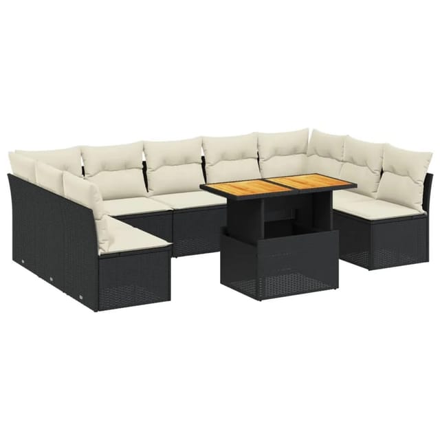 vidaXL 10-Tlg Garten-Sofagarnitur mit Kissen Schwarz Poly Rattan 3271455