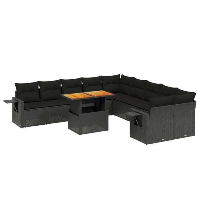 vidaXL 11-Tlg Garten-Sofagarnitur mit Kissen Schwarz Poly Rattan 3271944