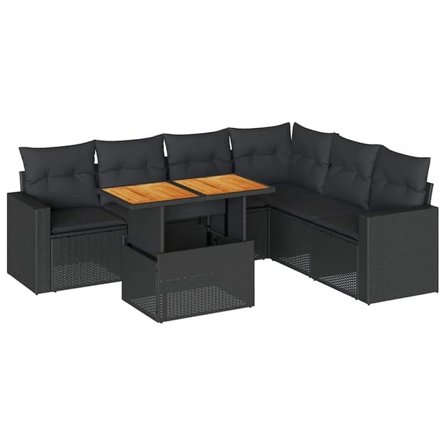 vidaXL 7-Tlg Garten-Sofagarnitur mit Kissen Schwarz Poly Rattan 3327044