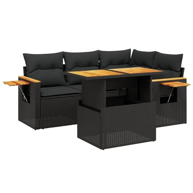 vidaXL 5-Tlg Garten-Sofagarnitur mit Kissen Schwarz Poly Rattan 3273498