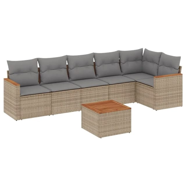 vidaXL 7-Tlg Garten-Sofagarnitur mit Kissen Beige Poly Rattan 3225996