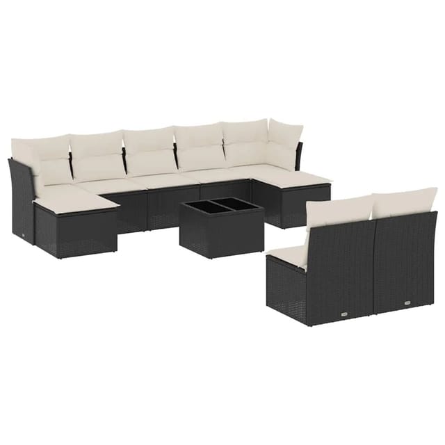 vidaXL 10-Tlg Garten-Sofagarnitur mit Kissen Schwarz Poly Rattan 3250115