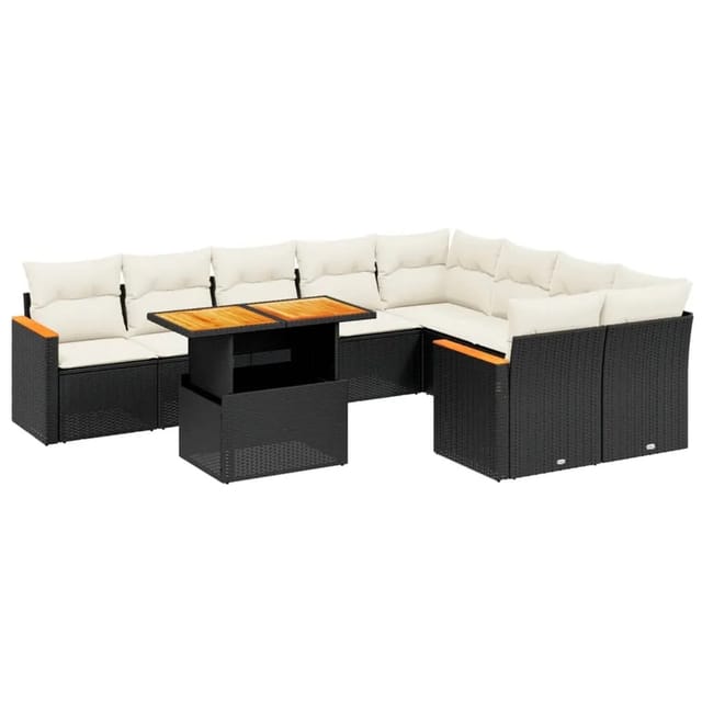 vidaXL 10-Tlg Garten-Sofagarnitur mit Kissen Schwarz Poly Rattan 3273233