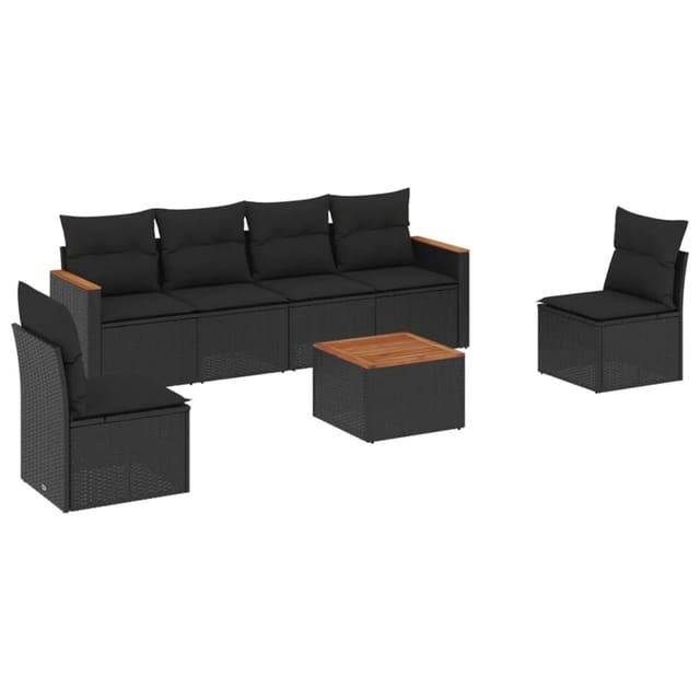 vidaXL 7-Tlg Garten-Sofagarnitur mit Kissen Schwarz Poly Rattan 3225866