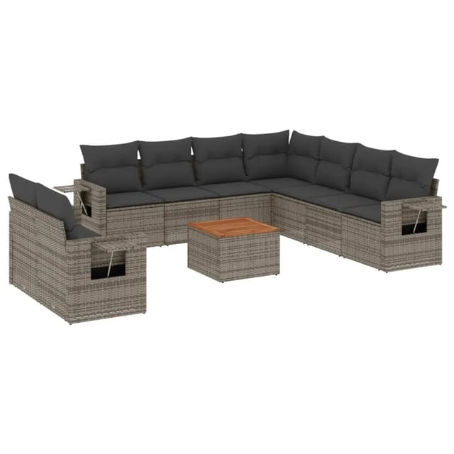 vidaXL 10-Tlg Garten-Sofagarnitur mit Kissen Grau Poly Rattan 3256963