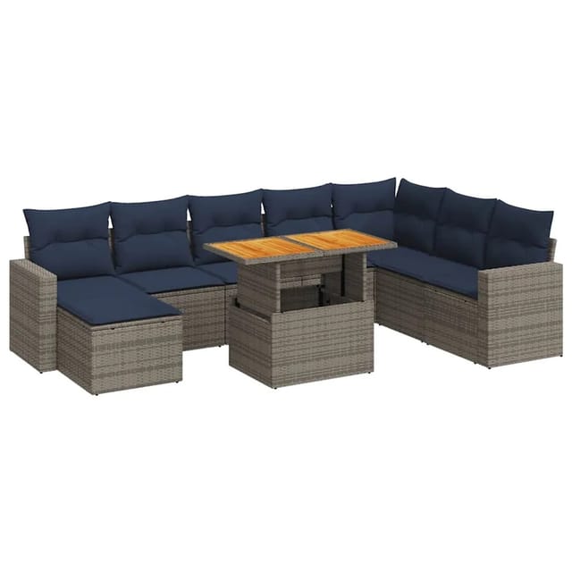 vidaXL 9-Tlg Garten-Sofagarnitur mit Kissen Grau Poly Rattan 3327078