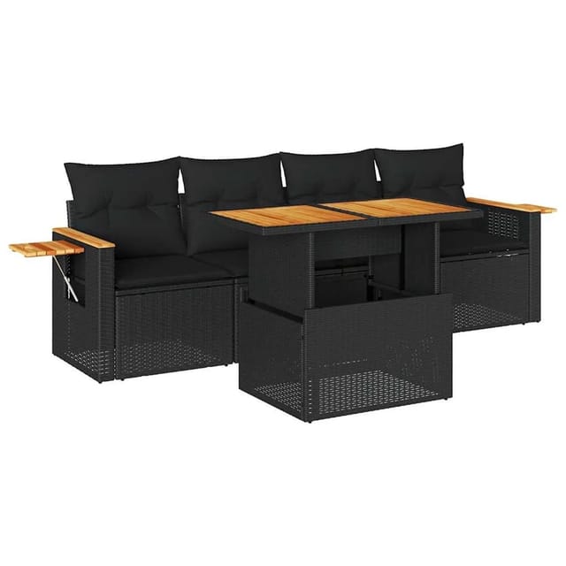 vidaXL 5-Tlg Garten-Sofagarnitur mit Kissen Schwarz Poly Rattan Akazie 3327541