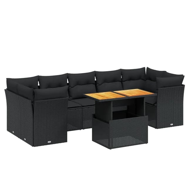 vidaXL 8-Tlg Garten-Sofagarnitur mit Kissen Schwarz Poly Rattan 3270698
