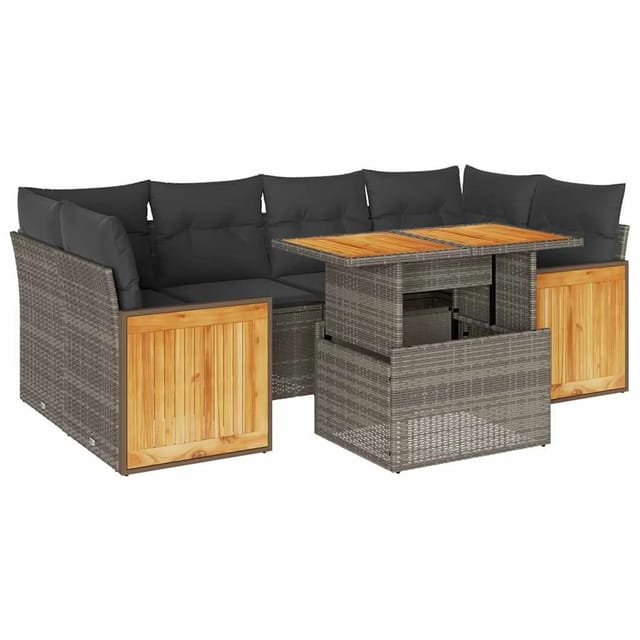 vidaXL 7-Tlg Garten-Sofagarnitur mit Kissen Grau Poly Rattan Akazie 3327679