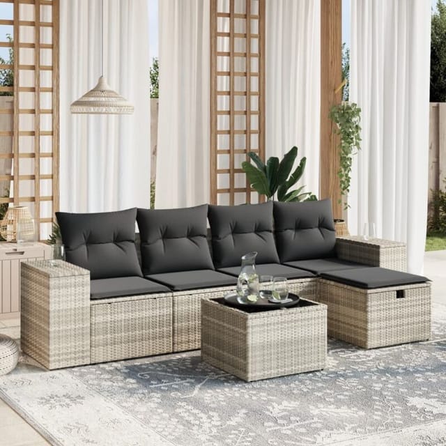 vidaXL 6-Tlg Garten-Sofagarnitur mit Kissen Hellgrau Poly Rattan 3264408