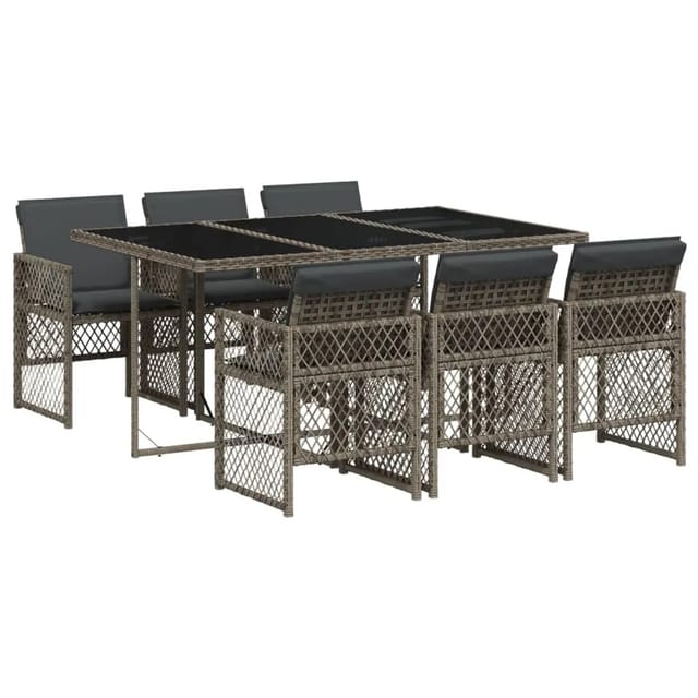 vidaXL 7-Tlg Garten-Essgruppe mit Kissen Grau Poly Rattan 3210728