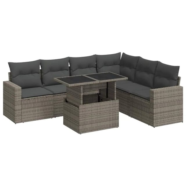 vidaXL 7-Tlg Garten-Sofagarnitur mit Kissen Grau Poly Rattan 3326331