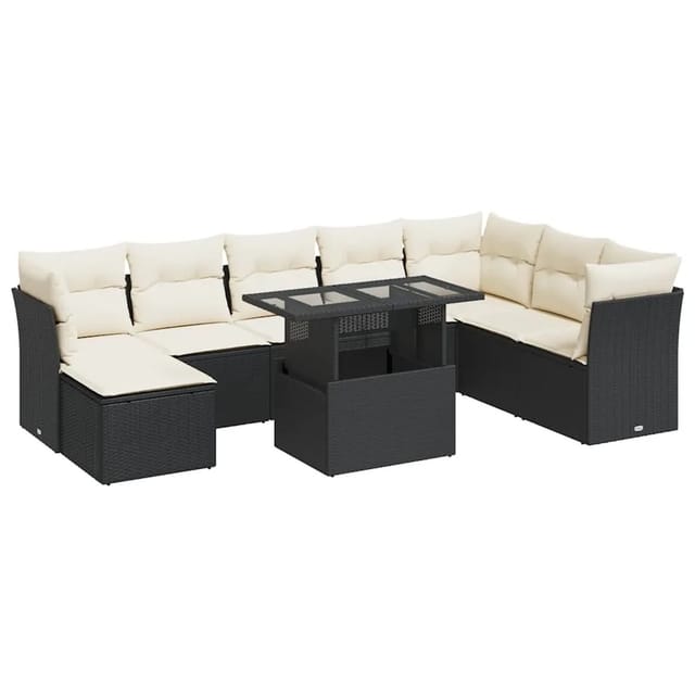 vidaXL 9-Tlg Garten-Sofagarnitur mit Kissen Schwarz Poly Rattan 3326207
