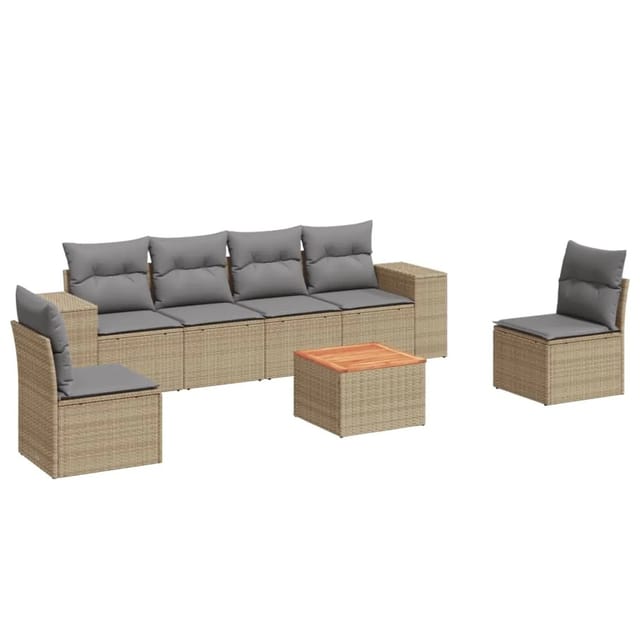 vidaXL 7-Tlg Garten-Sofagarnitur mit Kissen Beige Poly Rattan 3225394