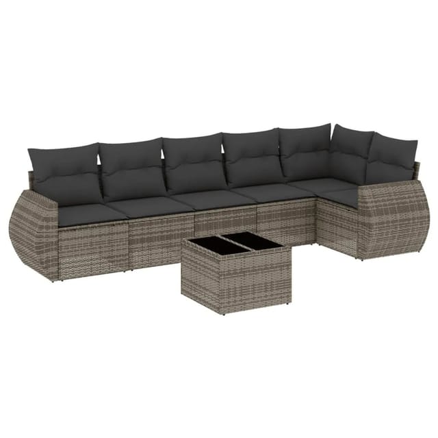 vidaXL 7-Tlg Garten-Sofagarnitur mit Kissen Grau Poly Rattan 3221399