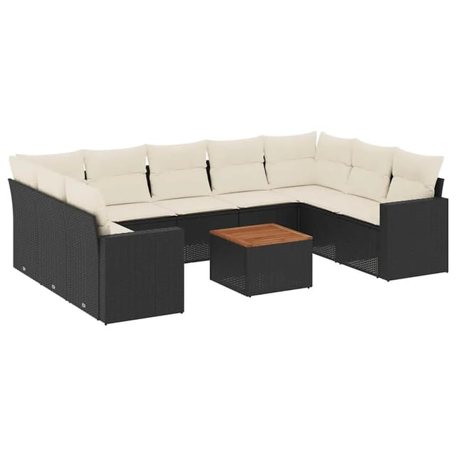 vidaXL 10-Tlg Garten-Sofagarnitur mit Kissen Schwarz Poly Rattan 3256595