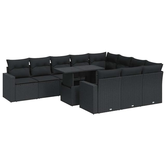 vidaXL 11-Tlg Garten-Sofagarnitur mit Kissen Schwarz Poly Rattan 3326386