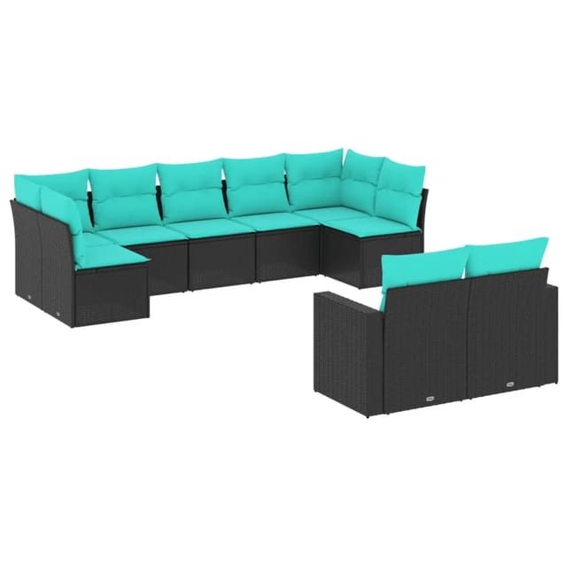 vidaXL 9-Tlg Garten-Sofagarnitur mit Kissen Schwarz Poly Rattan 3219407