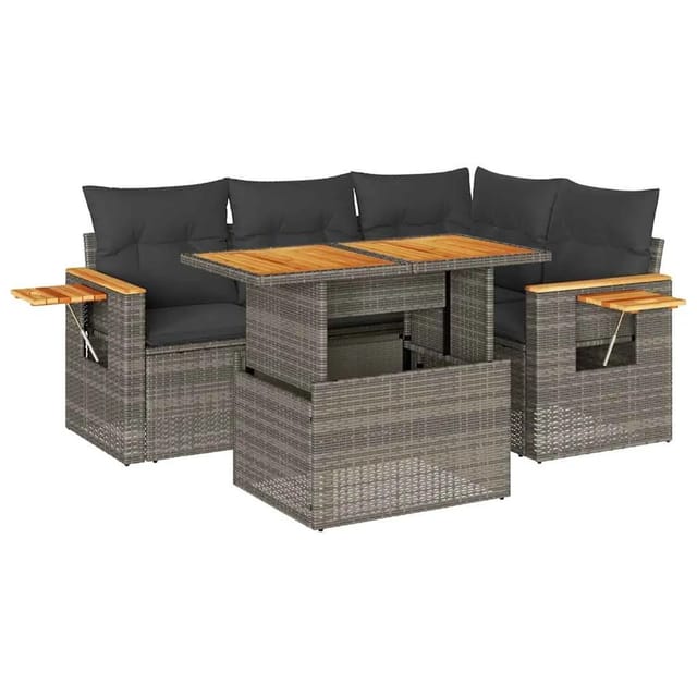 vidaXL 5-Tlg Garten-Sofagarnitur mit Kissen Grau Poly Rattan Akazie 3327595
