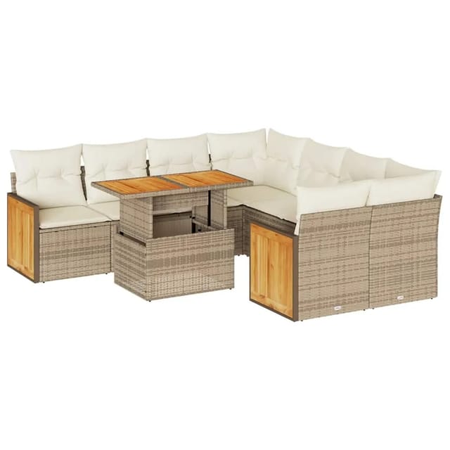 vidaXL 9-Tlg Garten-Sofagarnitur mit Kissen Beige Poly Rattan Akazie 3327692
