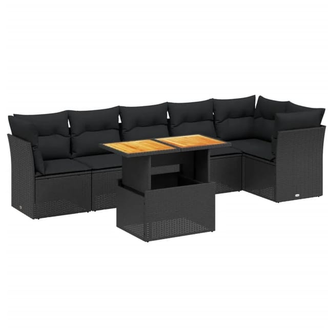 vidaXL 7-Tlg Garten-Sofagarnitur mit Kissen Schwarz Poly Rattan 3270838