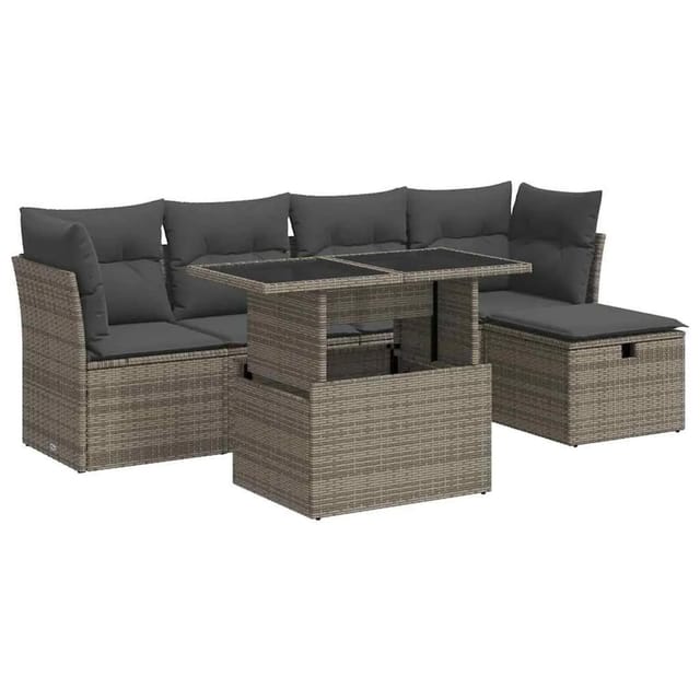 vidaXL 6-Tlg Garten-Sofagarnitur mit Kissen Grau Poly Rattan 3326141