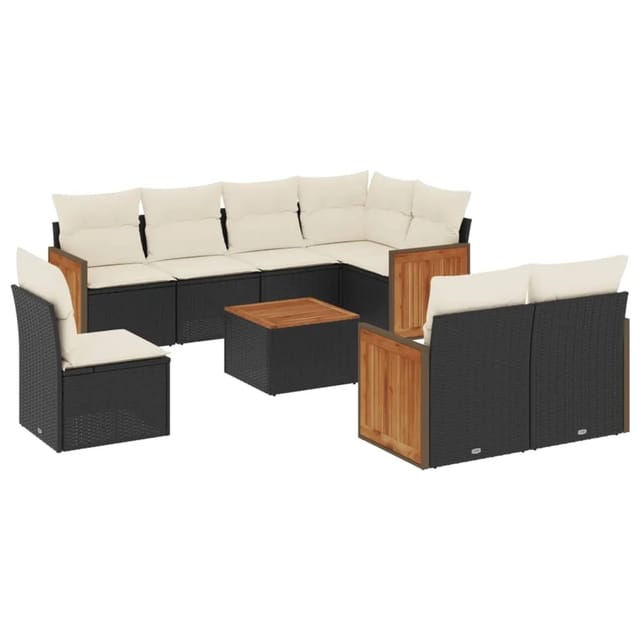 vidaXL 9-Tlg Garten-Sofagarnitur mit Kissen Schwarz Poly Rattan 3227848
