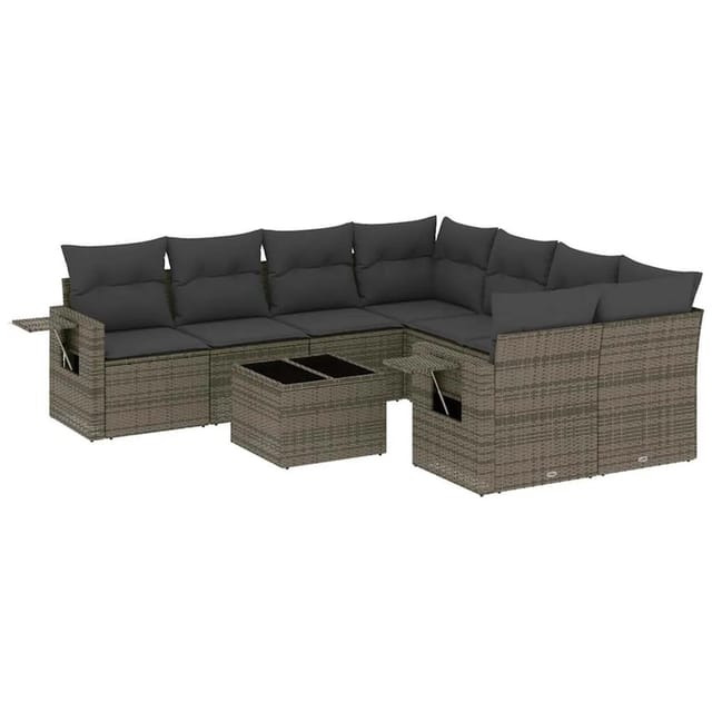 vidaXL 9-Tlg Garten-Sofagarnitur mit Kissen Grau Poly Rattan 3252297