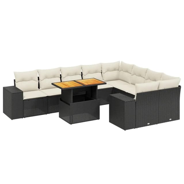 vidaXL 10-Tlg Garten-Sofagarnitur mit Kissen Schwarz Poly Rattan 3272792