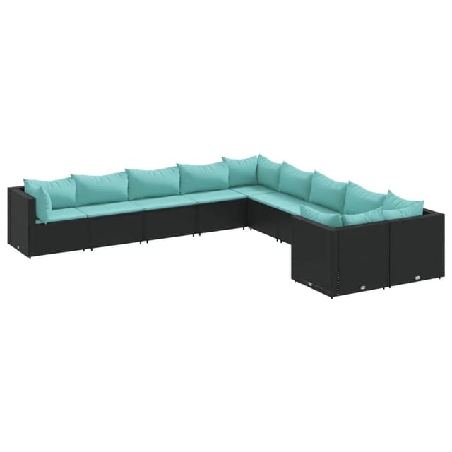 vidaXL 10-Tlg Garten-Sofagarnitur mit Kissen Schwarz Poly Rattan 3308348