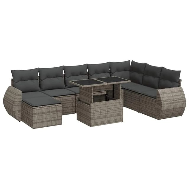 vidaXL 9-Tlg Garten-Sofagarnitur mit Kissen Grau Poly Rattan 3326691