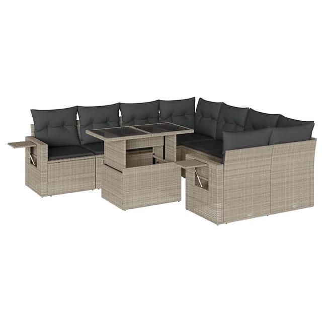 vidaXL 9-Tlg Garten-Sofagarnitur mit Kissen Hellgrau Poly Rattan 3267802