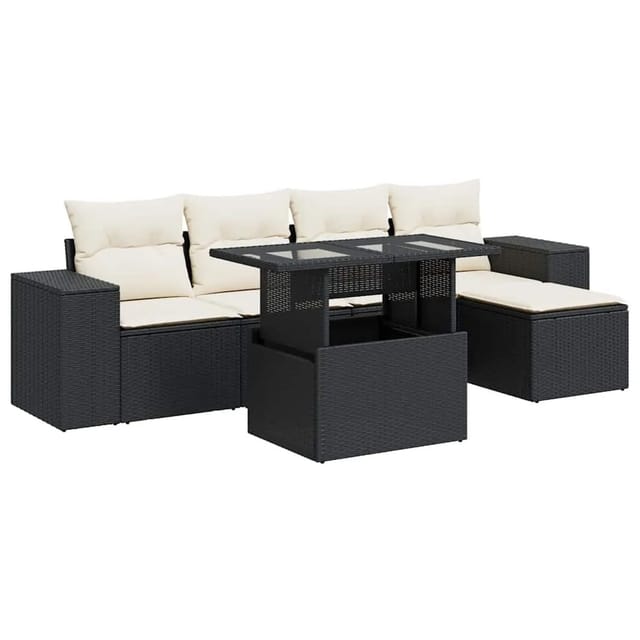 vidaXL 6-Tlg Garten-Sofagarnitur mit Kissen Schwarz Poly Rattan 3326777
