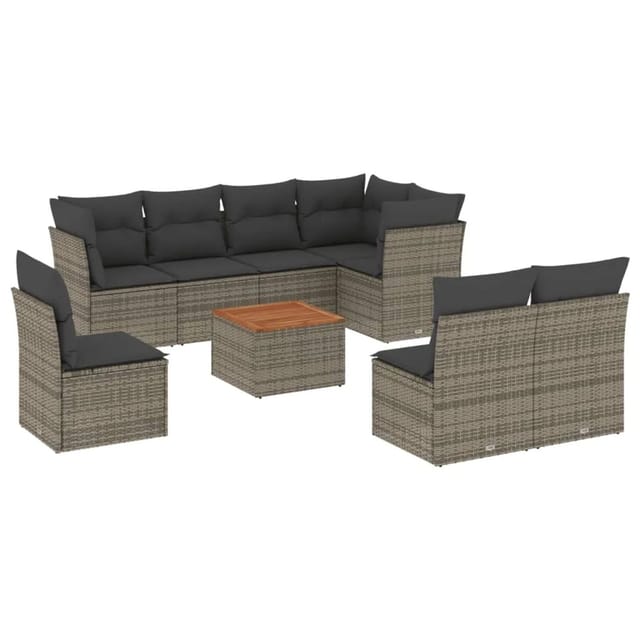 vidaXL 9-Tlg Garten-Sofagarnitur mit Kissen Grau Poly Rattan 3256018