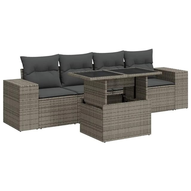 vidaXL 5-Tlg Garten-Sofagarnitur mit Kissen Grau Poly Rattan 3326721